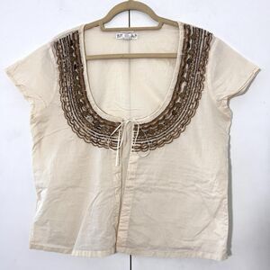 VTG Old Navy Top Womens L Beige Cotton Short Sleeve Beaded Bolero Boho Casual